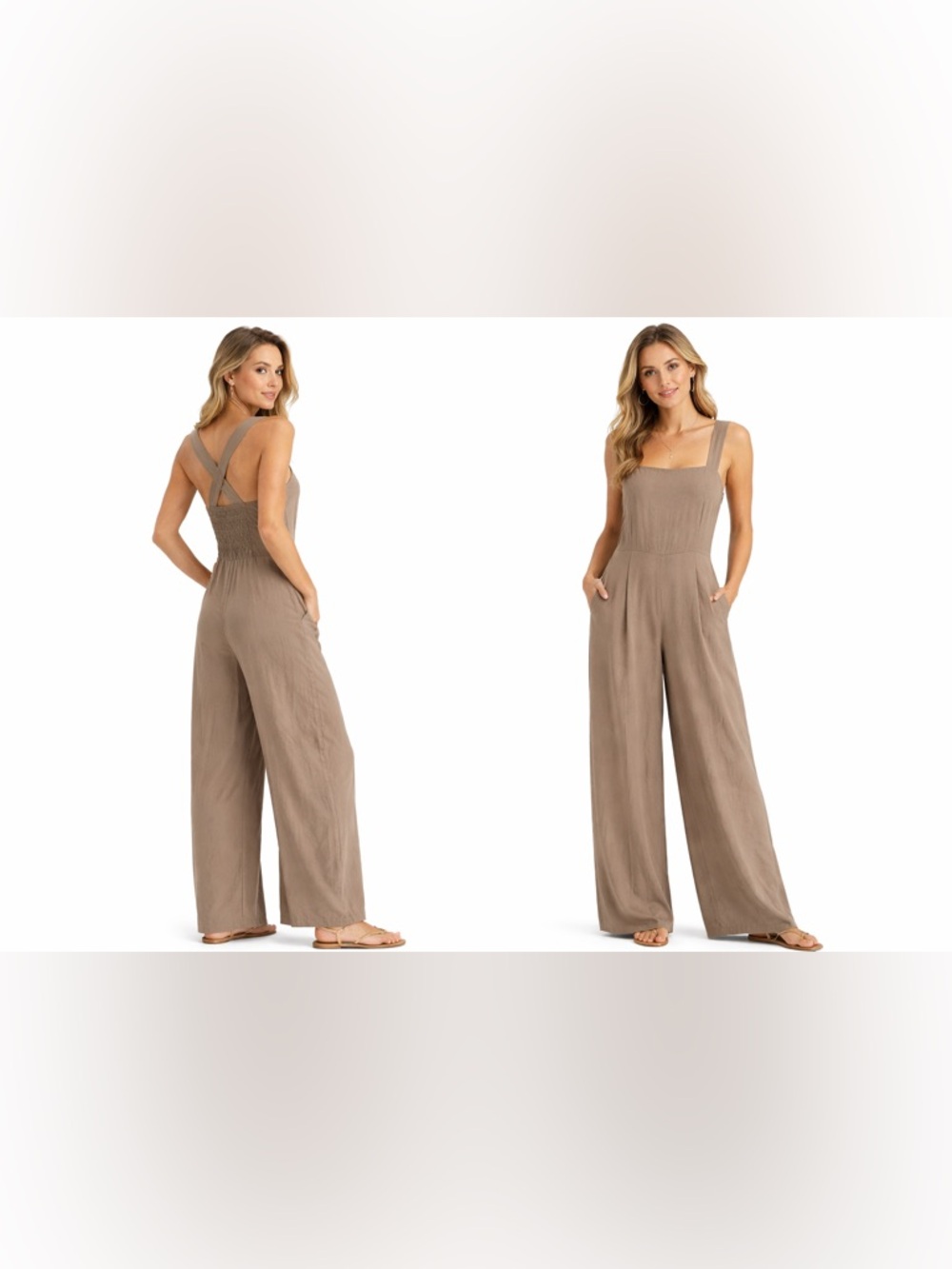 Theory Taupe Wide Leg Jumpsuit Crisscross Back Smocked Bodice Sleeveless Size 0